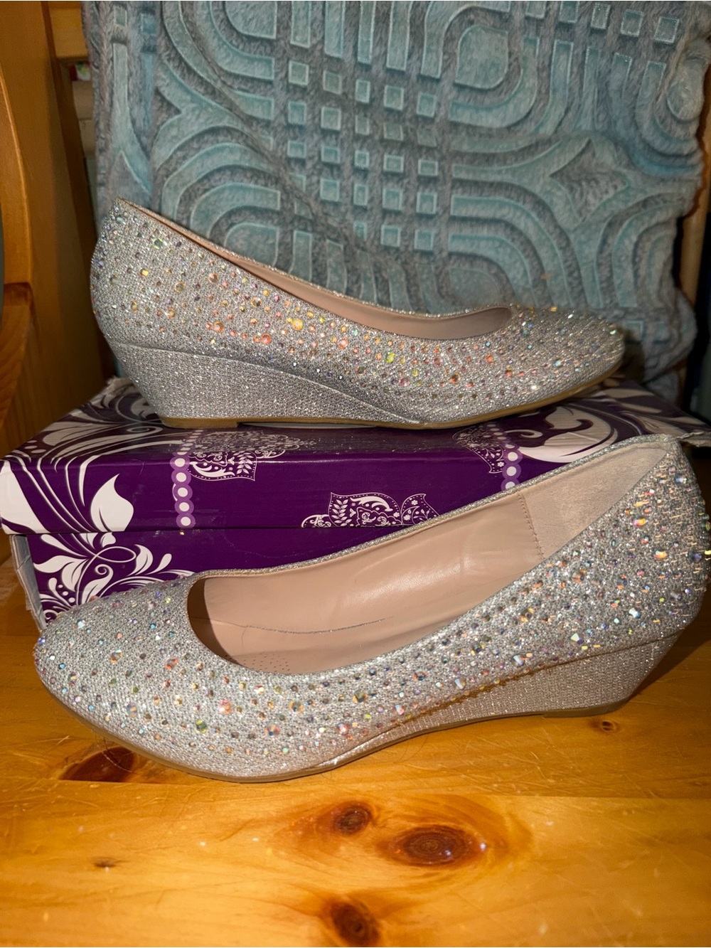 Forever Silver Glitter Wedge Pumps with Rhinestone Accents - Picture 2 of 5